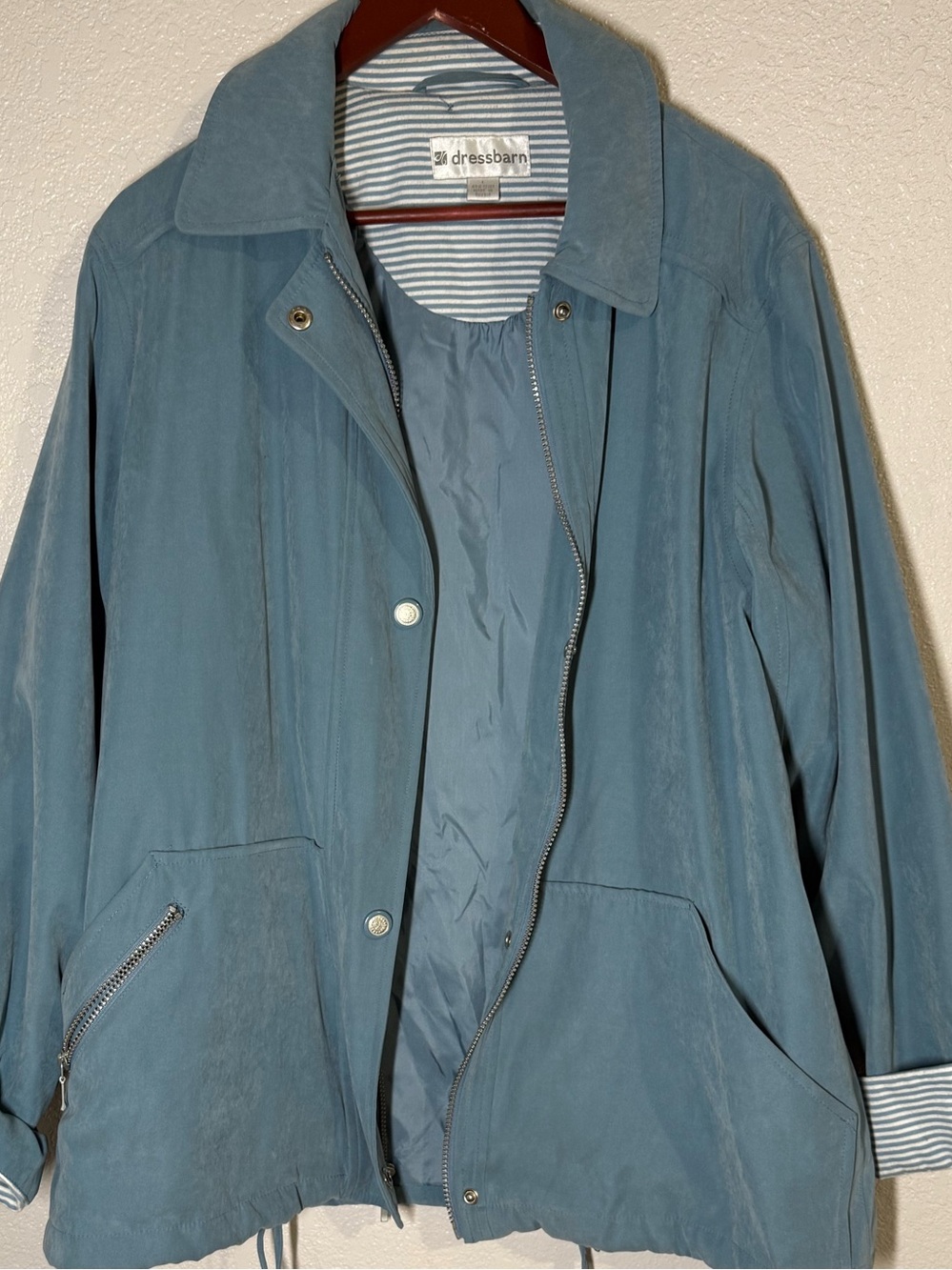 Dressbarn Vintage Blue Utility Anorak Jacket Striped Cuffs Trim L Made In Russia